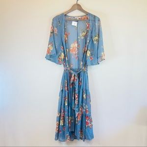 American Eagle Sheer Floral Print Blue Belted Cover Up Dress Size S-M NEW